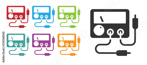 Black Ampere meter, multimeter, voltmeter icon isolated on white background. Instruments for measurement of electric current. Set icons colorful. Vector
