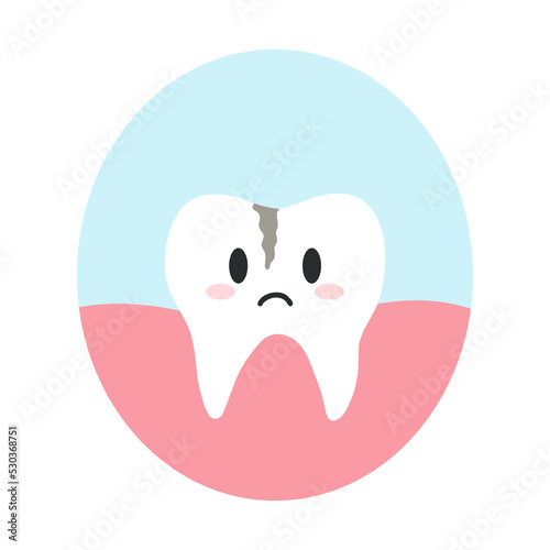 Broken cracked tooth in cartoon flat style. Vector illustration of disgruntled unhealthy teeth character, dental care concept, oral hygiene