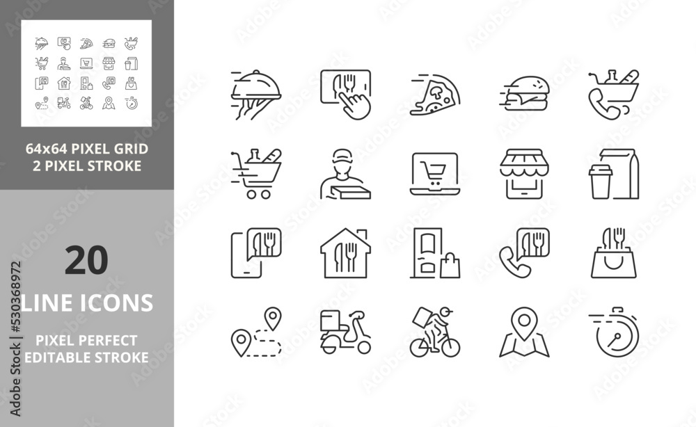 food delivery icons 64px and 256px editable vector set