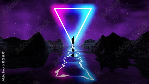 Retro futuristic background for game with man silhouette. Music 3d dance galaxy poster. 80s background disco. Neon triangle synthwave digital wireframe landscape photo