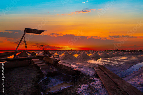 Sunset salt farming (Naklua) in the coastal, Phetchaburi provinces of Thailand, Landscape 