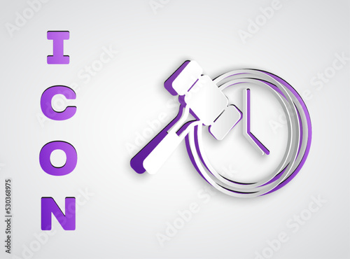 Paper cut Auction hammer icon isolated on grey background. Gavel - hammer of judge or auctioneer. Bidding process, deal done. Auction bidding. Paper art style. Vector