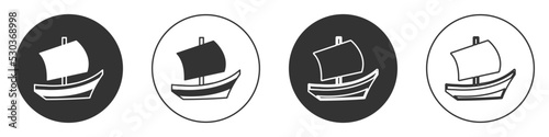 Black Egyptian ship icon isolated on white background. Egyptian papyrus boat. Circle button. Vector