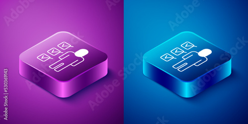 Isometric Resume icon isolated on blue and purple background. CV application. Searching professional staff. Analyzing personnel resume. Square button. Vector