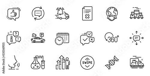Outline set of Online voting, Like and Parking security line icons for web application. Talk, information, delivery truck outline icon. Vector