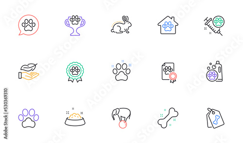 Winner cup, Pet friendly and Elephant on ball line icons for website, printing. Collection of Dog vaccination, Dog feeding, Pets care icons. Pet tags, Animal tested, Lightweight web elements. Vector