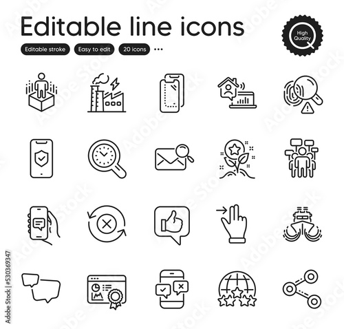 Set of Technology outline icons. Contains icons as Augmented reality, Phone survey and Rating stars elements. Loyalty points, Touchscreen gesture, Ship web signs. Electricity factory. Vector