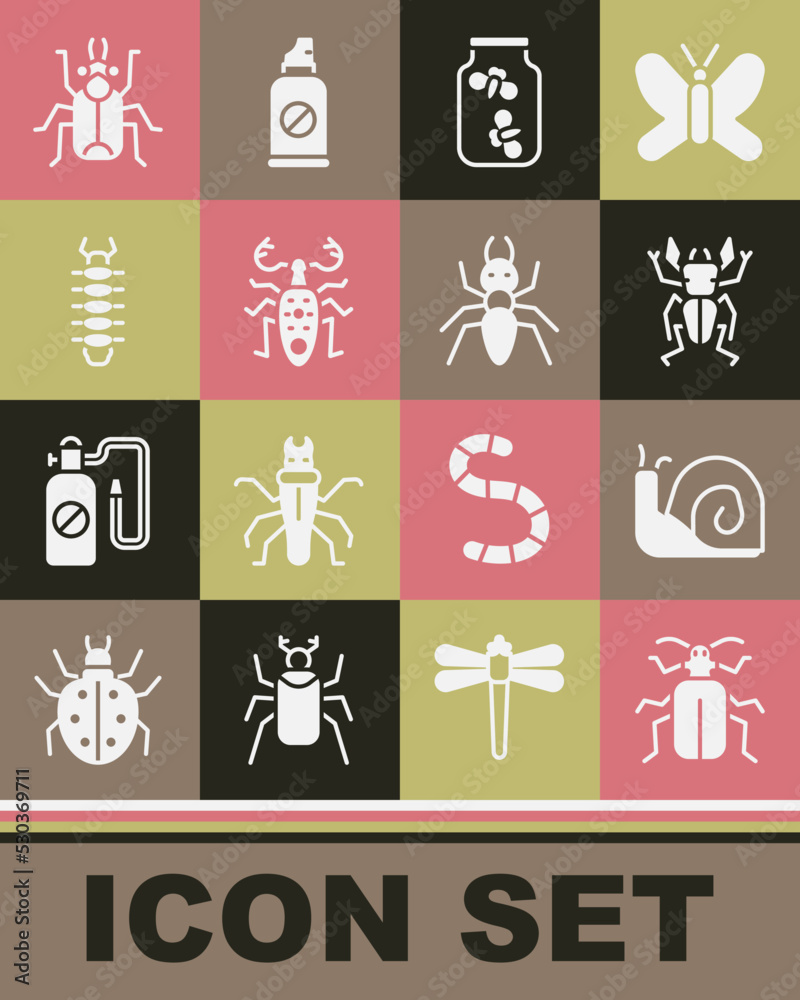 Set Chafer beetle, Snail, Beetle deer, Fireflies bugs in jar, Centipede, and Ant icon. Vector Set Chafer beetle, Snail, Beetle deer, Fireflies bugs in jar, Centipede, and Ant icon. Vector