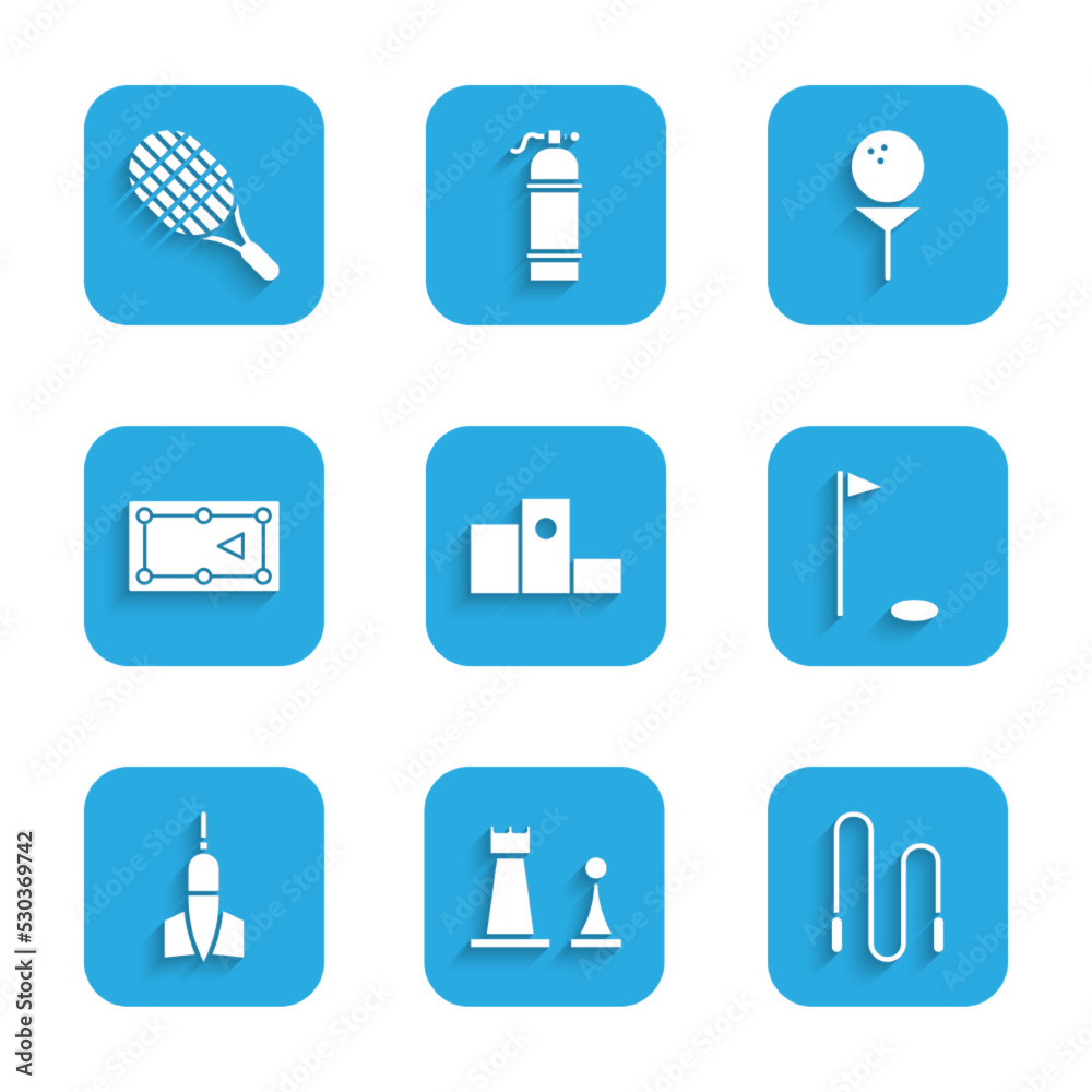 Set Award over sports winner podium, Chess, Jump rope, Golf flag, Dart arrow, Billiard table, ball on tee and Tennis racket icon. Vector Set Award over sports winner podium, Chess, Jump rope, Golf flag, Dart arrow, Billiard table, ball on tee and Tennis racket icon. Vector