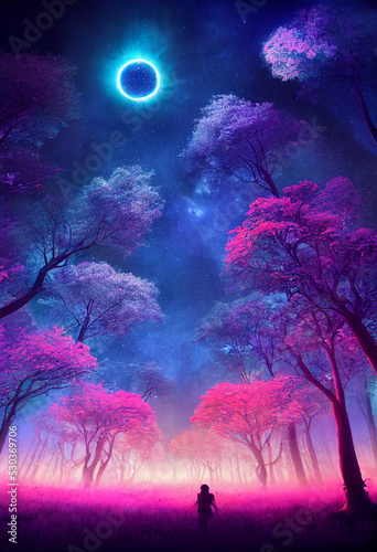 Illustration fantasy of neon forest. Glowing colorful look like fairytale.