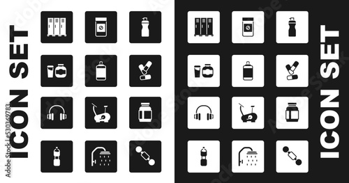 Set Fitness shaker, Punching bag, Sports nutrition, Locker changing room, Vitamin pill, Anabolic drugs, and Headphones icon. Vector