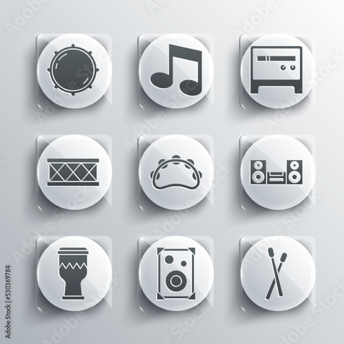 Set Stereo speaker, Drum sticks, Home stereo, Tambourine, Dial knob level and Guitar amplifier icon. Vector