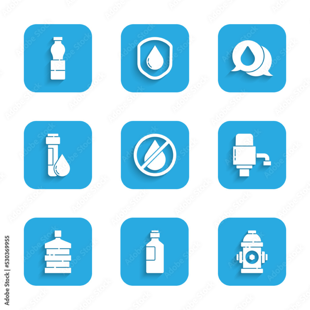 Set Water drop forbidden, Bottle of water, Fire hydrant, Mechanical pump, Big bottle with clean, Test tube, speech bubbles and icon. Vector Set Water drop forbidden, Bottle of water, Fire hydrant, Mechanical pump, Big bottle with clean, Test tube, speech bubbles and icon. Vector