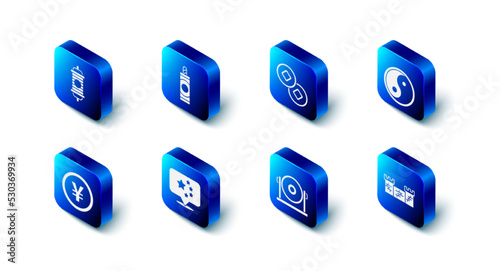 Set Firework, Chinese Yuan currency, Yin Yang, Great wall of China, Gong, flag, and paper lantern icon. Vector