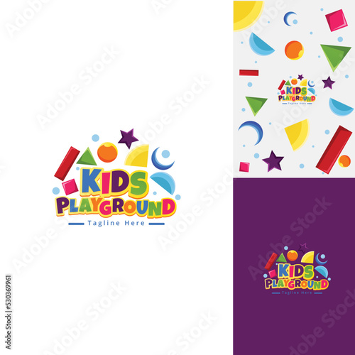 Kids Playground Kindergarten with Shapes Games for Kids Idea Logo Template With Funny Colors for  Course Preschool or Brand Product