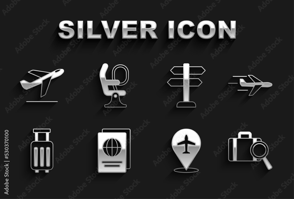 Set Passport, Plane, Lost baggage, Suitcase, Road traffic sign, takeoff and Airplane seat icon. Vector Set Passport, Plane, Lost baggage, Suitcase, Road traffic sign, takeoff and Airplane seat icon. Vector