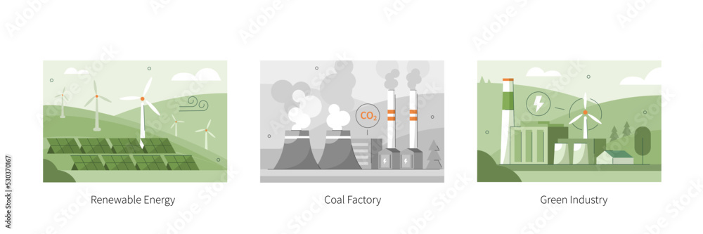 Sustainability illustration set. Electric renewable energy station with windmills, solar power plant and coal factory generating electricity for industry. CO2 pollution concept. Vector illustration.