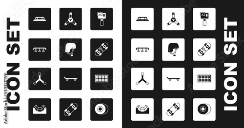 Set Action camera, Skateboard helmet, stairs with rail, Broken skateboard, Y-tool, wheel and icon. Vector