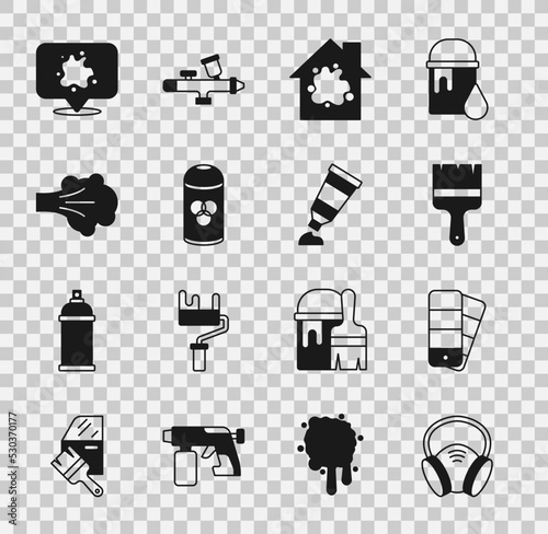 Set Gas mask, Color palette guide, Paint brush, Painting the house, spray can, and Tube with paint icon. Vector