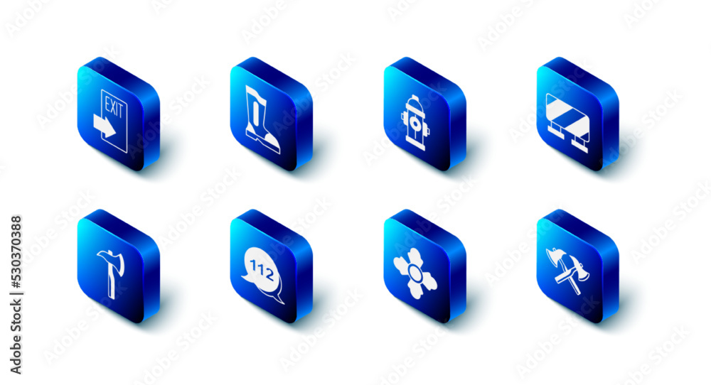 Set Fire boots, hydrant, Road barrier, Firefighter axe, Emergency call, and exit icon. Vector Set Fire boots, hydrant, Road barrier, Firefighter axe, Emergency call, and exit icon. Vector