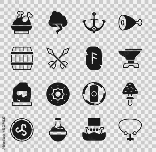 Set Necklace with gem, Mushroom, Anvil for blacksmithing, Anchor, Medieval arrows, Wooden barrel, Roasted turkey chicken and Magic rune icon. Vector