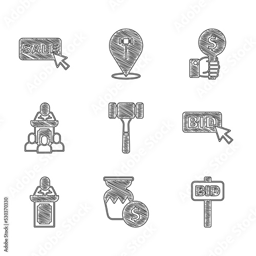 Set Auction hammer, ancient vase, Hand holding auction paddle, Bid, auctioneer sells, and Price tag with Sale icon. Vector
