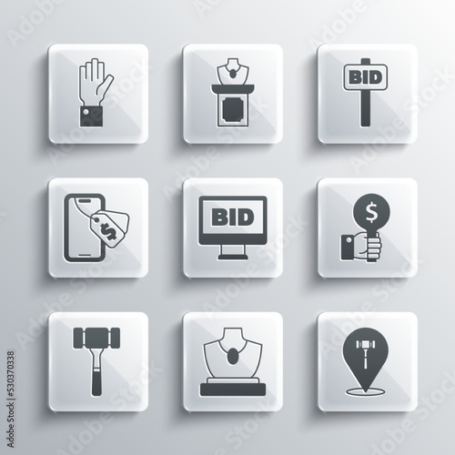 Set Auction jewelry sale, hammer, Hand holding auction paddle, Online, and icon. Vector