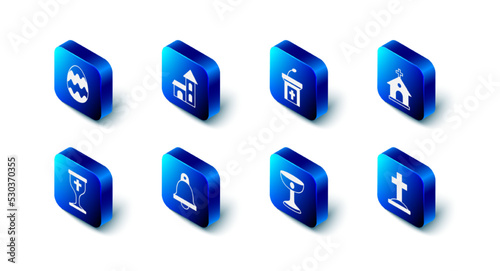 Set Church building, sermon tribune, Grave with cross, Christian chalice, bell, and Easter egg icon. Vector