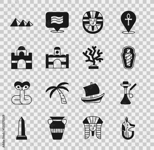 Set Egyptian anubis, Hookah, mummy in sarcophagus, pharaoh, house, pyramids and Coral icon. Vector