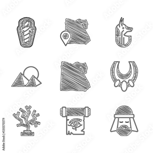 Set Map of Egypt, Eye Horus on papyrus scroll, Egyptian man, necklace, Coral, pyramids, anubis and mummy in sarcophagus icon. Vector
