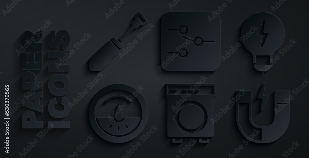 Set Washer, Creative lamp light idea, Electric meter, Magnet, Switch in electronic circuit and Screwdriver icon. Vector Set Washer, Creative lamp light idea, Electric meter, Magnet, Switch in electronic circuit and Screwdriver icon. Vector