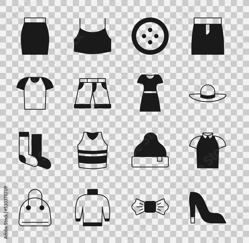 Set Woman shoe, Polo shirt, Elegant women hat, Sewing button for clothes, Short pants, T-shirt, Skirt and dress icon. Vector