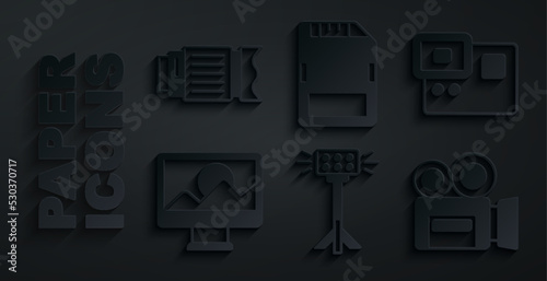 Set Studio light bulb in softbox, Action extreme camera, Photo retouching, Retro cinema, SD card and Camera photo lens icon. Vector