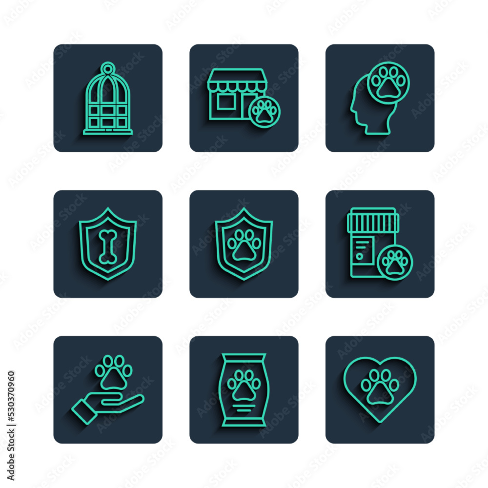 Set line Hands with animals footprint, Bag of food, Heart, Human, Animal health insurance, Cage for birds and Dog medicine bottle icon. Vector Set line Hands with animals footprint, Bag of food, Heart, Human, Animal health insurance, Cage for birds and Dog medicine bottle icon. Vector