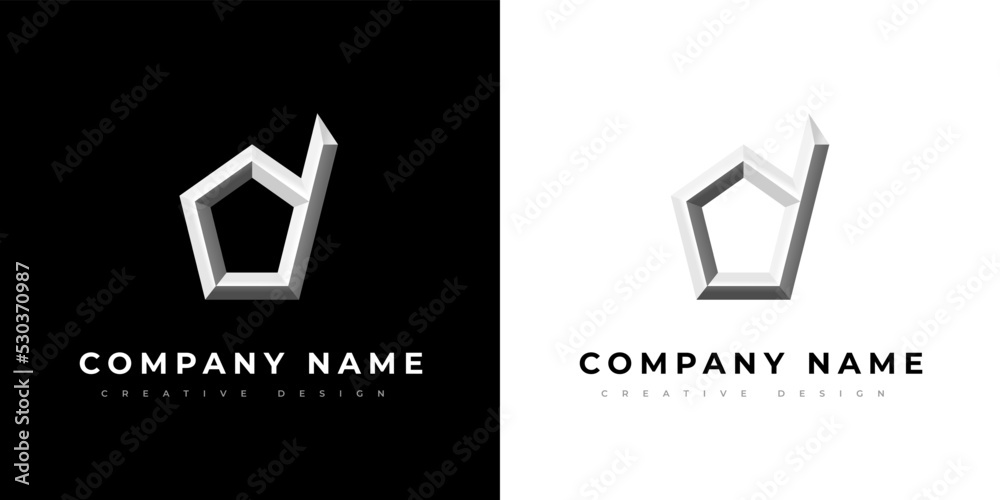 Initial Letter D Company Logo. 3D Silver monogram D. Metallic pentagon ...