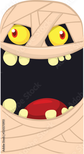  Scary cartoon monster mummy face vector. Cute square avatar or icon. Halloween illustration. Great for party decoration