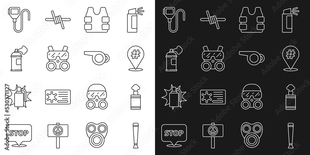Set line Police rubber baton, Hand grenade, Protest, Bulletproof vest, Gas mask, Paint spray can, Walkie talkie and Whistle icon. Vector