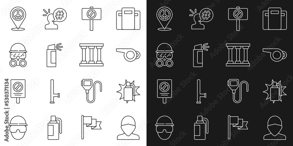Set line Vandal, Hand grenade, Whistle, Protest, Pepper spray, Gas mask, Location peace and Prison window icon. Vector