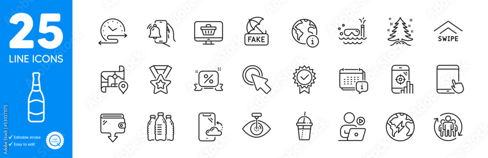 Outline icons set. Water bottles, Teamwork and Alarm clock icons. Scuba diving, Eye laser, Swipe up web elements. Christmas tree, Web shop, Wallet signs. Fake news, Time schedule. Vector