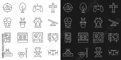 Set line Picnic table with chairs, Amusement park billboard, Seesaw, Gamepad, Magician hat and rabbit, Popcorn in box, Hunt on crosshairs and Ferris wheel icon. Vector