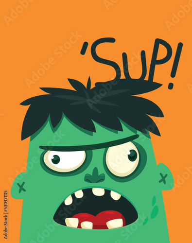 Cartoon funny green zombie character design with scary face expression. Halloween vector illustration isolated on white. Party poster, package design