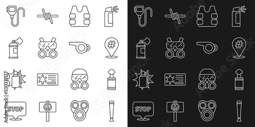 Set line Police rubber baton, Hand grenade, Protest, Bulletproof vest, Gas mask, Paint spray can, Walkie talkie and Whistle icon. Vector