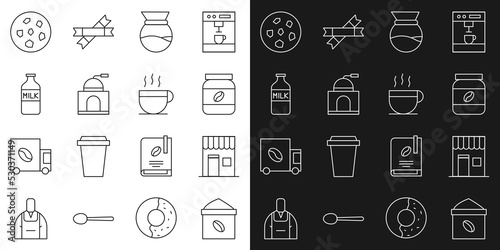 Set line Bag of coffee beans, Coffee shop, jar bottle, Pour over maker, Manual grinder, Bottle with milk, Cookie or biscuit and cup icon. Vector