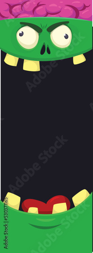 Cartoon funny green zombie character design with scary face expression. Halloween vector illustration isolated on white. Party poster, package design