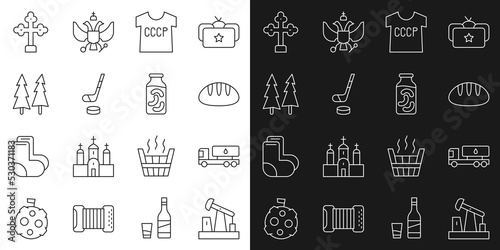 Set line Oil pump or pump jack, Tanker truck, Bread loaf, USSR t-shirt, Ice hockey stick and puck, Christmas tree, Christian cross and Pickled cucumbers in jar icon. Vector