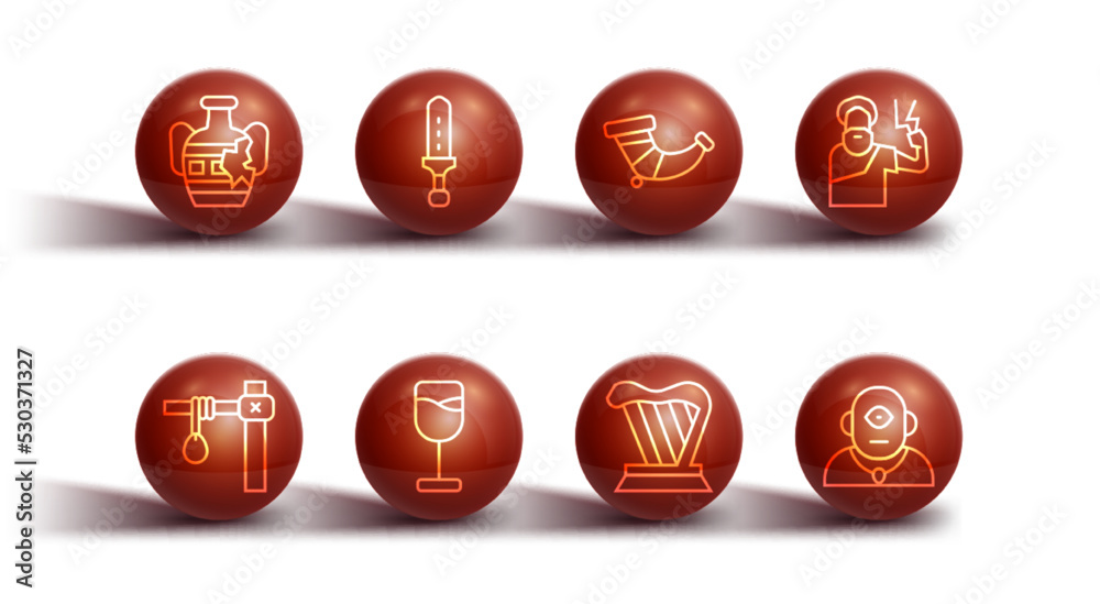 Set line Broken amphorae, Gallows, Zeus, Harp, Wine glass, Medieval sword, Cyclops and Hunting horn icon. Vector Set line Broken amphorae, Gallows, Zeus, Harp, Wine glass, Medieval sword, Cyclops and Hunting horn icon. Vector