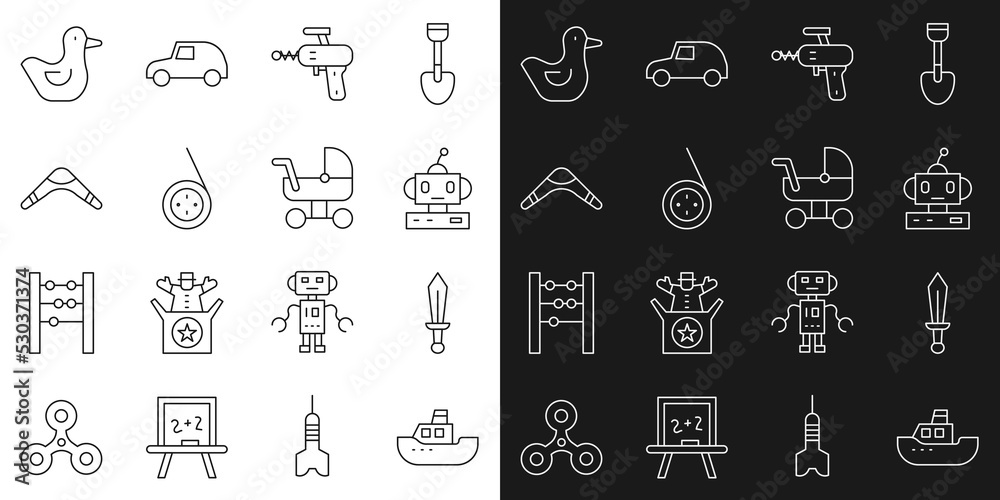 Set line Toy boat, Sword toy, Robot, Ray gun, Yoyo, Boomerang, Rubber duck and Baby stroller icon. Vector Set line Toy boat, Sword toy, Robot, Ray gun, Yoyo, Boomerang, Rubber duck and Baby stroller icon. Vector