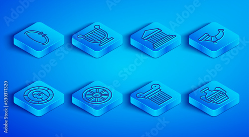 Set line Medieval bow, Ancient lyre, Parthenon, Old wooden wheel, column, Hunting horn, Greek coin and amphorae icon. Vector