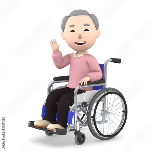 The old man sitting in a wheelchair on transparent background, 3D illustration 