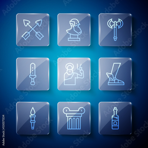 Set line Torch flame, Ancient column, Bottle of wine, Medieval axe, Zeus, sword, Crossed arrows and Hermes sandal icon. Vector